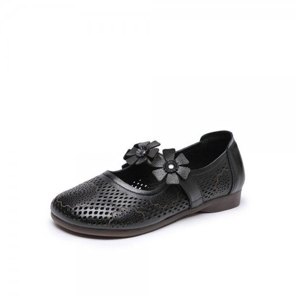 Women Floral Decor Carved Hollow Out Breathable Soft Leather Mary Jane Flat Shoes